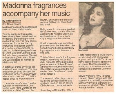 Madonna / Fragrances Accompany Her Music | Newspaper Article with Photo | 1989