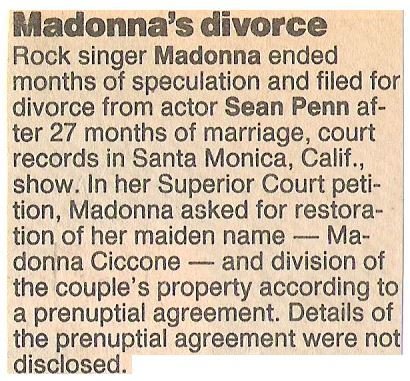 Madonna / Madonna&#39;s Divorce | Newspaper Article | November 1987