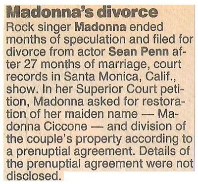 Madonna / Madonna&#39;s Divorce | Newspaper Article | November 1987
