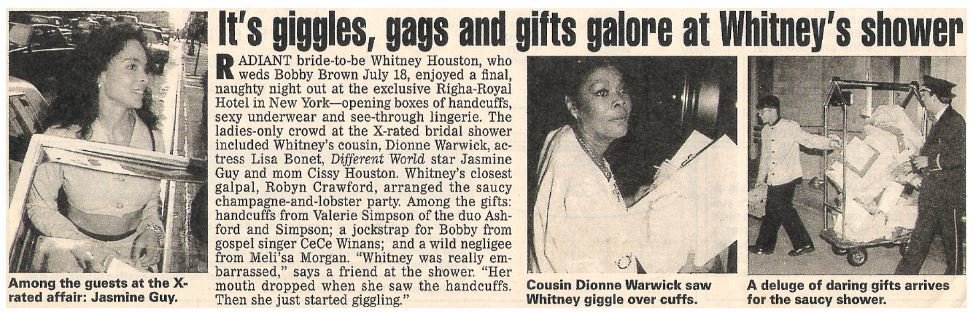 Warwick, Dionne / It&#39;s Giggles, Gags and Gifts Galore at Whitney&#39;s Shower | Magazine Article with 3 Photos | July 1992