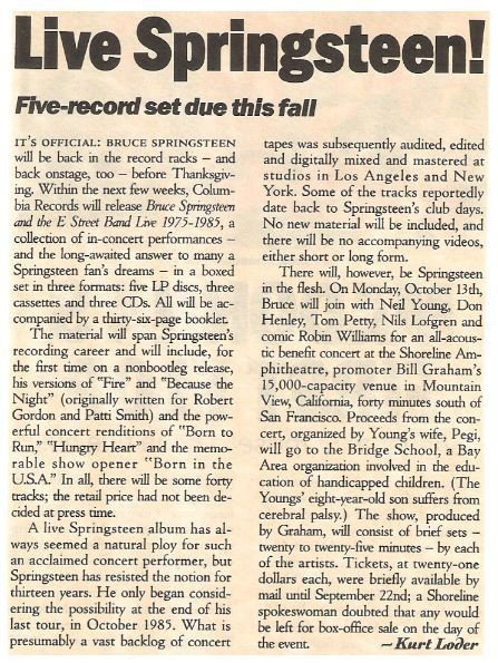 Springsteen, Bruce / Live Springsteen! - Five Record Set Due This Fall | Magazine Article | 1986