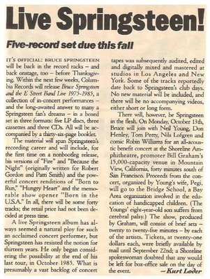 Springsteen, Bruce / Live Springsteen! - Five Record Set Due This Fall | Magazine Article | 1986