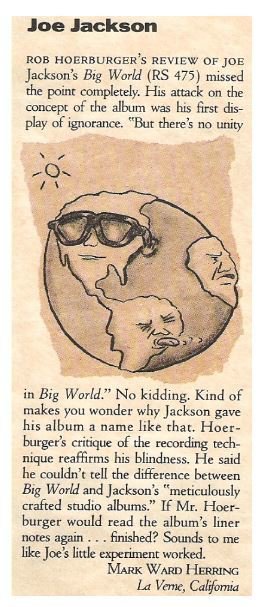 Jackson, Joe / Big World Review (Reader Letter) | Magazine Article | June 1986