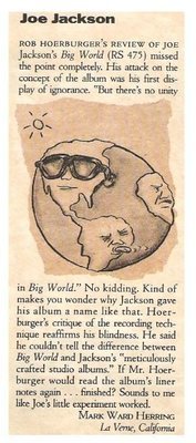 Jackson, Joe / Big World Review (Reader Letter) | Magazine Article | June 1986