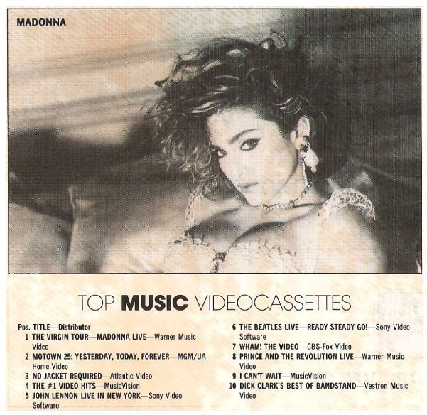 Madonna / The Virgin Tour - Top Music Videocassettes Chart | Magazine Article with Photo | October 1986