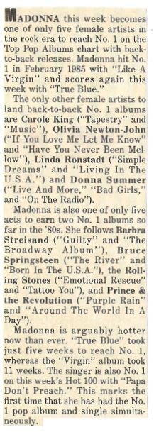 Madonna / Madonna Scores Again This Week with TRUE BLUE | Magazine Article | August 1986