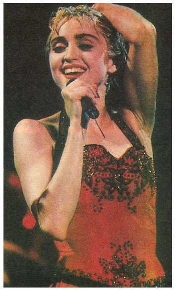 Madonna / On Stage in Dark Red Outfit - Black Microphone | Magazine Photo | 1987