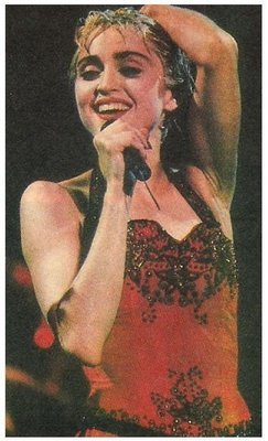 Madonna / On Stage in Dark Red Outfit - Black Microphone | Magazine Photo | 1987