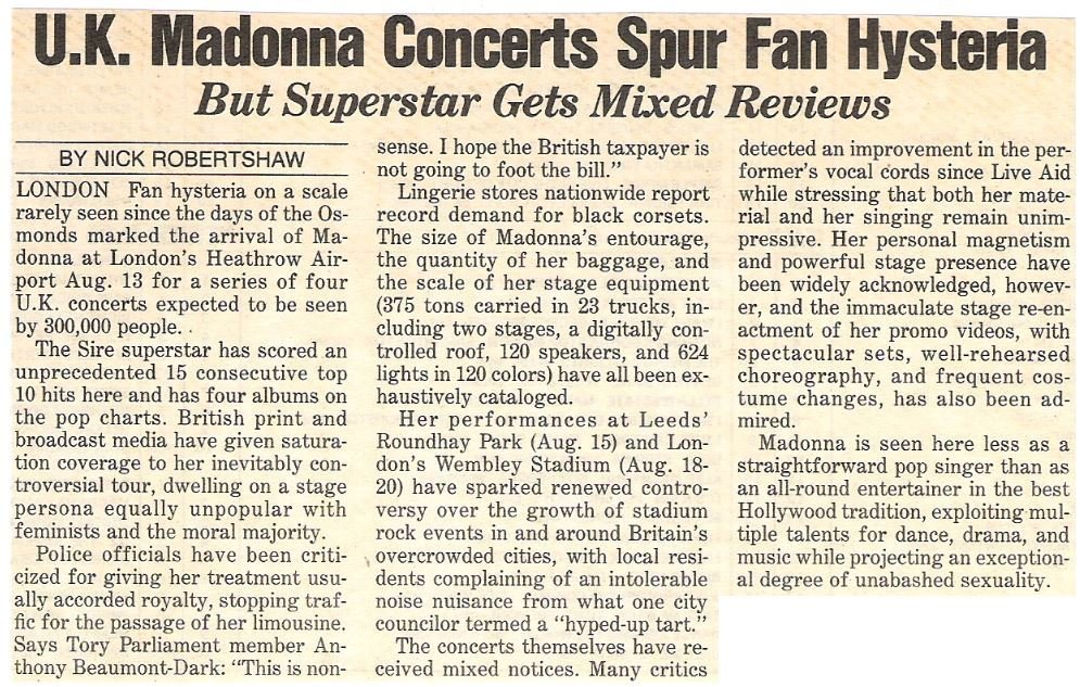 Madonna / U.K. Concerts Spur Fan Hysteria | Magazine Article | August 1987