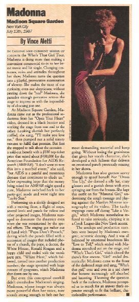 Madonna / Madison Square Garden - Performance | Magazine Review with Photo | July 13, 1987