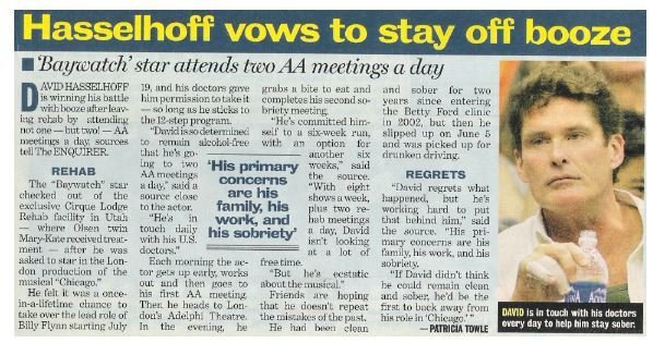 Hasselhoff, David / Hasselhoff Vows to Stay Off Booze | Magazine Article with Photo | July 2004