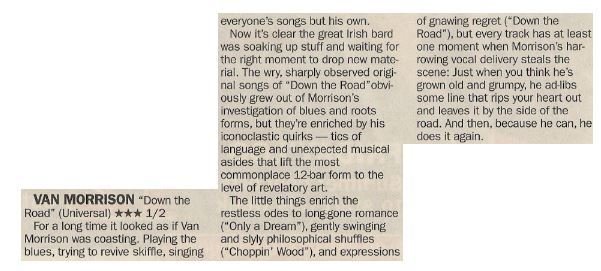 Morrison, Van / Down the Road - Great Irish Bard | Newspaper Review | May 2002