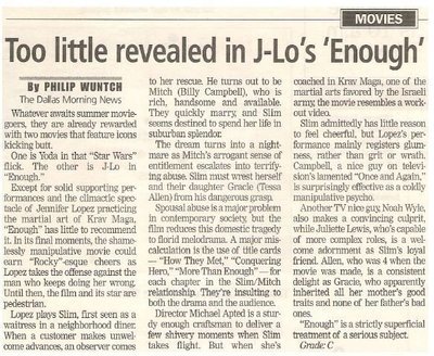 Lopez, Jennifer / Too Little Revealed in J-Lo&#39;s &#39;Enough&#39; | Newspaper Review | May 2002