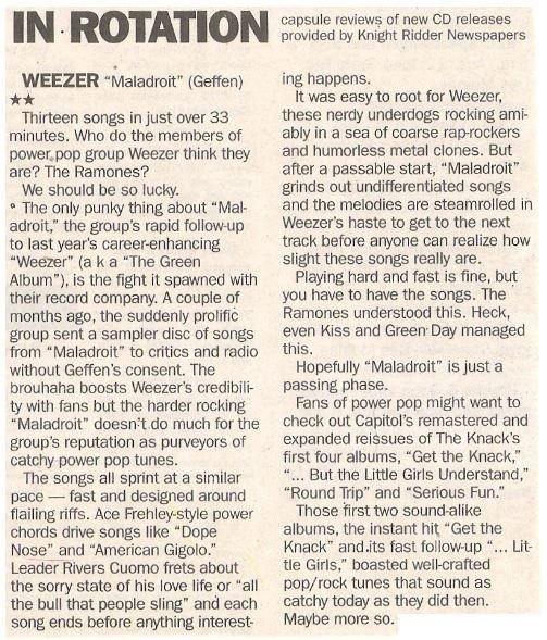 Weezer / Maladroit - In Rotation | Newspaper Review | May 2002