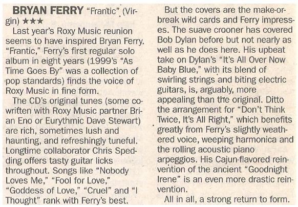 Ferry, Bryan / Frantic - First Regular Solo Album in Eight Years | Newspaper Review | May 2002