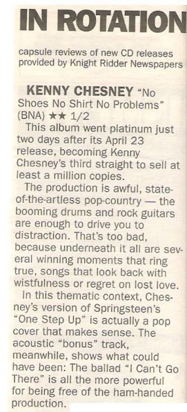 Chesney, Kenny / No Shirt No Shoes No Problems - In Rotation | Newspaper Review | May 2002