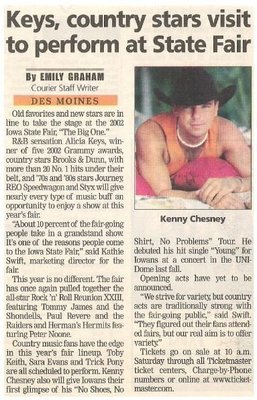 Chesney, Kenny / Keys, Country Stars Visit to Perform at State Fair | Newspaper Article with Photo | May 2002