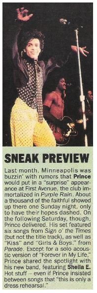 Prince / Sneak Preview | Magazine Article with Photo | May 1987