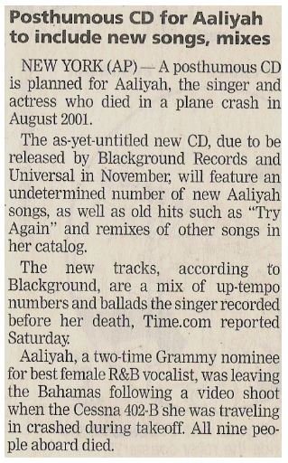 Aaliyah / Posthumous CD for Aaliyah to Include New Songs, Mixes | Newspaper Article | October 2002