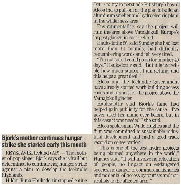Bjork / Bjork&#39;s Mother Continues Hunger Strike She Started Early This Month | Newspaper Article | October 2002