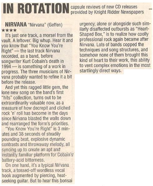 Nirvana / Nirvana - In Rotation | Newspaper Review | October 2002
