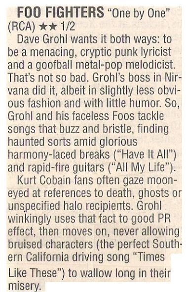Foo Fighters / One By One - Dave Grohl Wants it Both Ways | Newspaper Review | October 2002