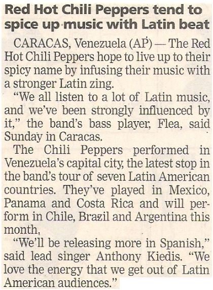 Red Hot Chili Peppers / Tend to Spice Up Music with Latin Beat | Newspaper Article | October 2002