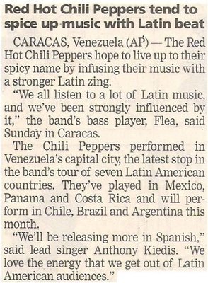 Red Hot Chili Peppers / Tend to Spice Up Music with Latin Beat | Newspaper Article | October 2002