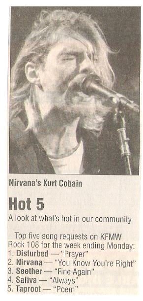 Nirvana / Hot 5 - A Look at What's Hot in Our Community | Newspaper Article with Photo | November 2002