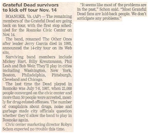 Grateful Dead / Grateful Dead Survivors to Kick Off Tour Nov. 14 | Newspaper Article | October 2002