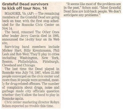 Grateful Dead / Grateful Dead Survivors to Kick Off Tour Nov. 14 | Newspaper Article | October 2002