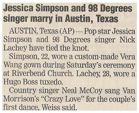 Simpson, Jessica / Jessica Simpson and 98 Degrees Singer Marry in Austin, Texas | Newspaper Article | October 2002