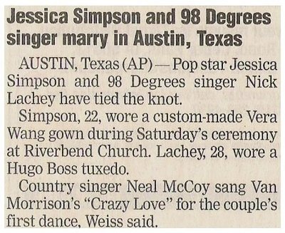Simpson, Jessica / Jessica Simpson and 98 Degrees Singer Marry in Austin, Texas | Newspaper Article | October 2002