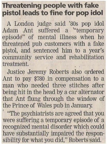 Ant, Adam / Threatening People with Fake Pistol Leads to Fine for Pop Idol | October 2002