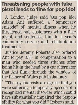 Ant, Adam / Threatening People with Fake Pistol Leads to Fine for Pop Idol | October 2002