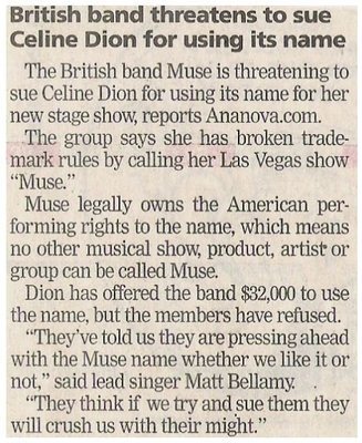 Muse / British Band Threatens to Sue Celine Dion for Using Its Name | Newspaper Article | October 2002