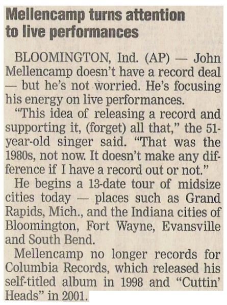 Mellencamp, John / Mellencamp Turns Attention to Live Performances | November 2002