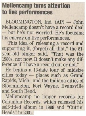 Mellencamp, John / Mellencamp Turns Attention to Live Performances | November 2002