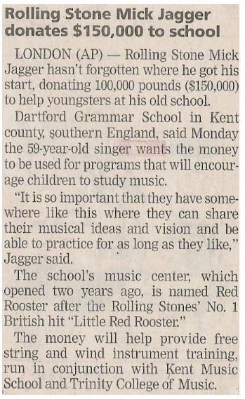Jagger, Mick / Rolling Stone Mick Jagger Donates $150,000 to School | Magazine Article | October 2002 | with Master P