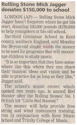 Jagger, Mick / Rolling Stone Mick Jagger Donates $150,000 to School | Magazine Article | October 2002 | with Master P