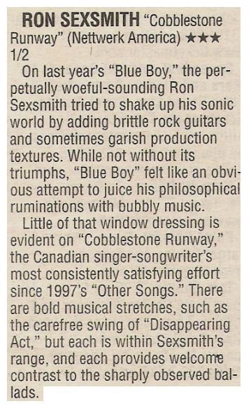Sexsmith, Ron / Cobblestone Runway - Satisfying Effort | Newspaper Review | October 2002