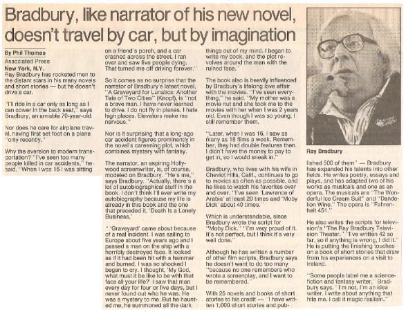 Bradbury, Ray / Doesn&#39;t Travel By Car, But By Imagination | Newspaper Article with Photo | September 1990