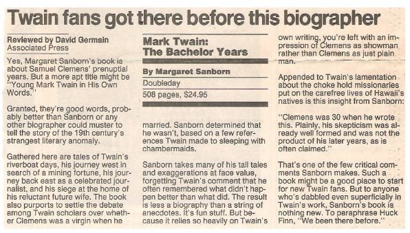 Sanborn, Margaret / Mark Twain: The Bachelor Years | Newspaper Review | September 1990