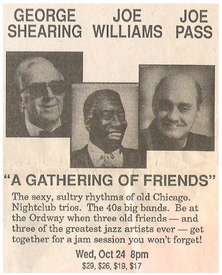 Shearing, George / The Ordway - St. Paul, MN | Newspaper Ad | October 1990 | with Joe Williams and Joe Pass