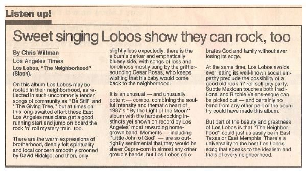 Los Lobos / The Neighborhood - Sweet Singing Lobos Show They Can Rock, Too | Newspaper Review | September 1990