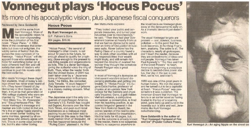 Vonnegut, Kurt / Vonnegut Plays 'Hocus Pocus' | Newspaper Review with Photo | September 1990
