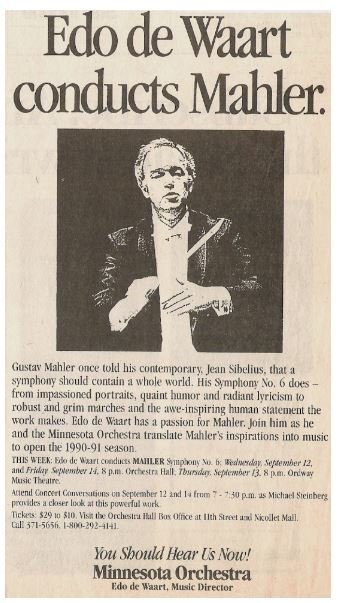 De Waart, Edo / Edo de Waart Conducts Mahler | Newspaper Ad | September 1990