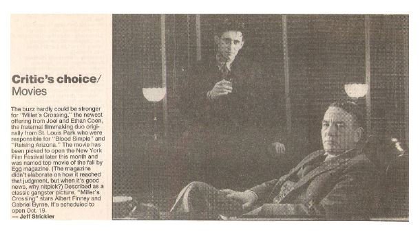 Finney, Albert / Miller's Crossing | Newspaper Review with Photo | September 1990 | with Gabriel Byrne