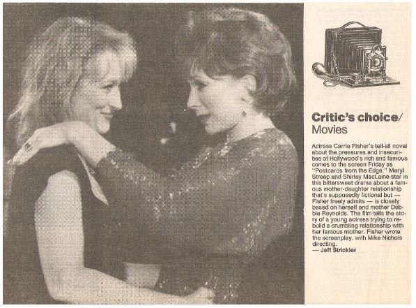 MacLaine, Shirley / Postcards From the Edge | Newspaper Review with Photo | September 1990 | with Meryl Streep