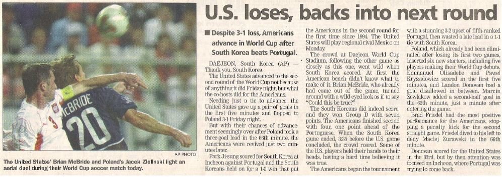 McBride, Brian / World Cup - U.S. Loses, Backs Into Next Round | Newspaper Article with Photo | June 2002